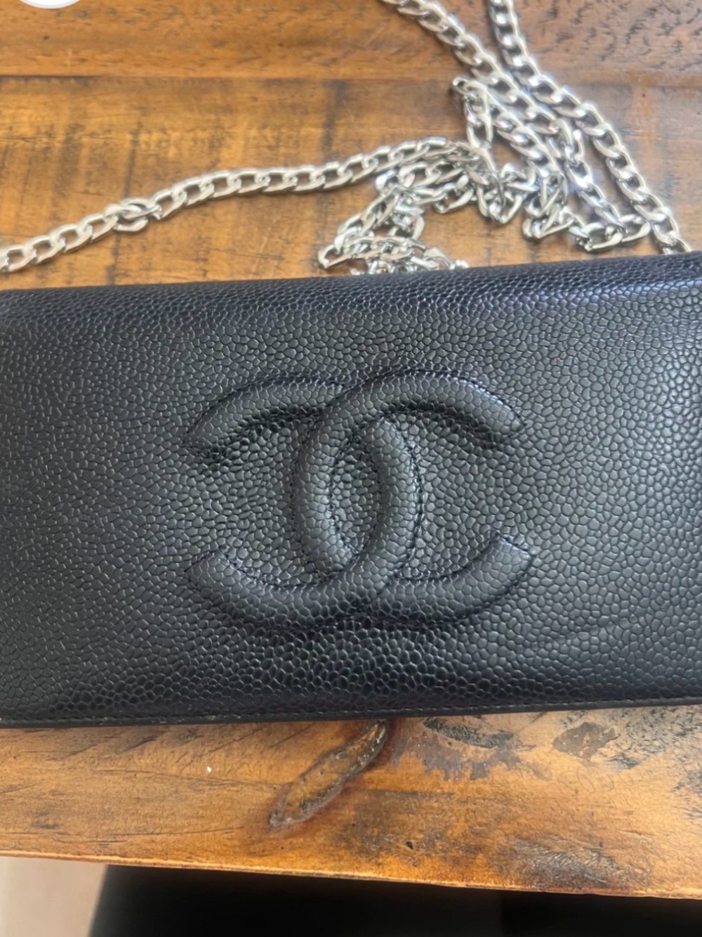 CHANEL Black Caviar Leather Wallet with Silver Chain